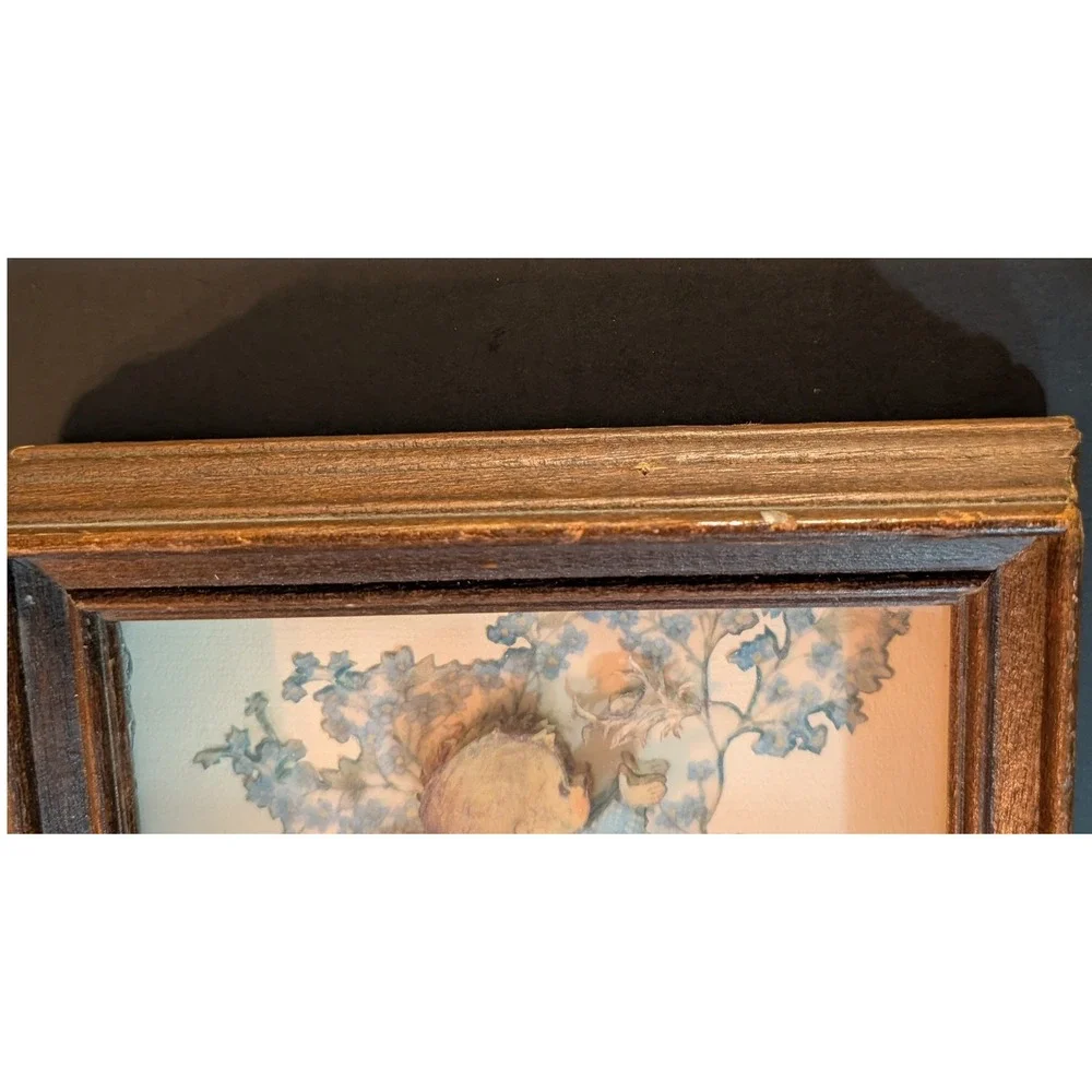 Vintage 70s Cottagecore Forget Me Not Child 3D Art Shabby Chic Thick Wood Frame